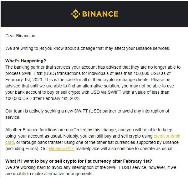 El socio bancario de Binance SWIFT está listo para prohibir las transferencias en USD por debajo de $ 100K