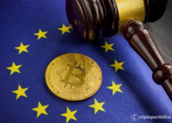 Cryptocurrency legal regulation in EU. Btc on the flag and gavel.