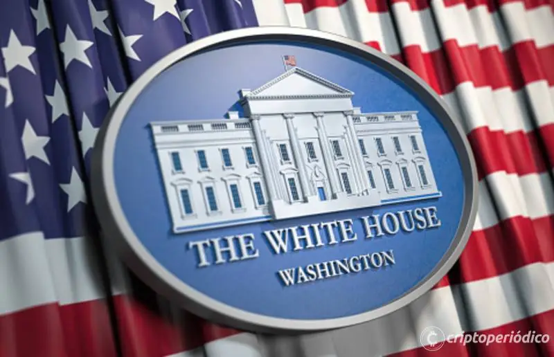 The White House Washington sign on flag of United States USA. 3d illustration