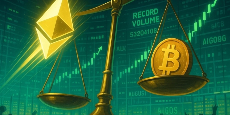 Ethereum supera a Bitcoin y marca un auge histórico en el comercio durante agosto.
