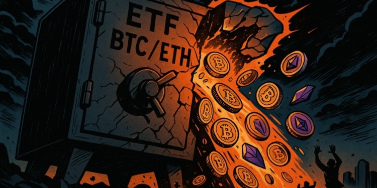 Impactante caída: 1.700 millones se desvanecen en ETFs de Bitcoin y Ethereum en solo días