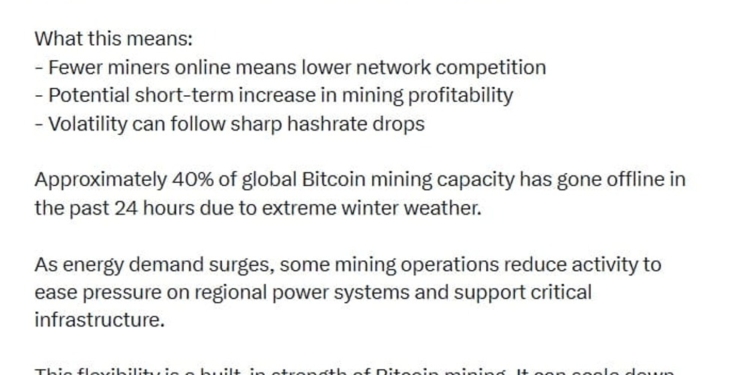 La tasa de hash de Bitcoin se desploma a niveles de 2025 por la fuerte tormenta invernal que paraliza a los mineros en EE. UU.