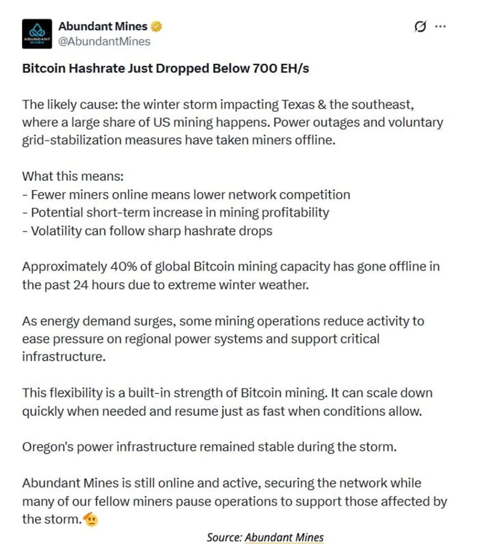 La tasa de hash de Bitcoin se desploma a niveles de 2025 por la fuerte tormenta invernal que paraliza a los mineros en EE. UU.