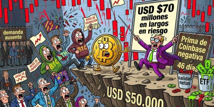 Bitcoin al borde de una tormenta: ¿70 millones de dólares en liquidaciones si se desploma a 50,000?