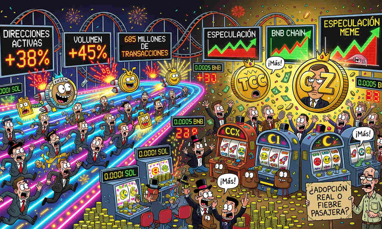El fenómeno de las Memecoins revoluciona Solana y hace explotar un 45% el volumen de BNB Chain. 1 El fenómeno de las Memecoins revoluciona Solana y hace explotar un 45% el volumen de BNB Chain.