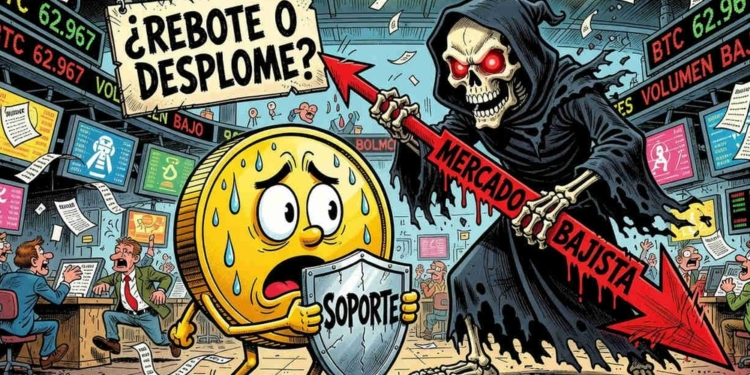 Bitcoin lucha por mantenerse en los 62.967 dólares mientras el volumen se desploma a niveles de 30 días.