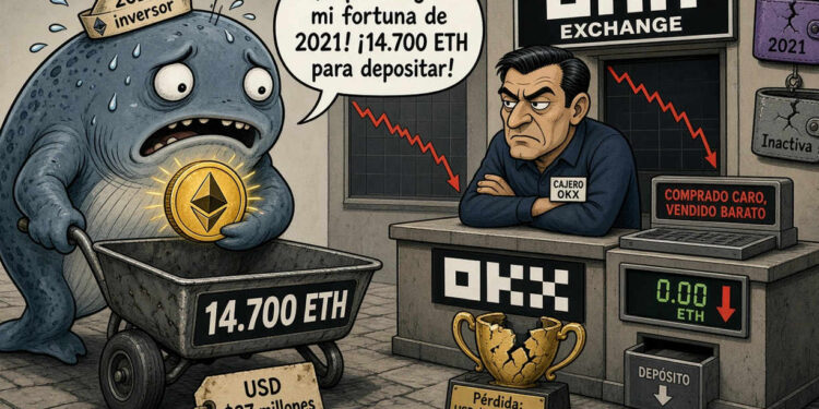 Ballena de Ethereum mueve 14.700 ETH a OKX con pérdidas