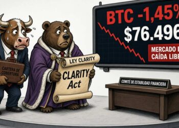 Bitcoin cae 1,45% a USD 76.496 ante votación de CLARITY Act y FOMC