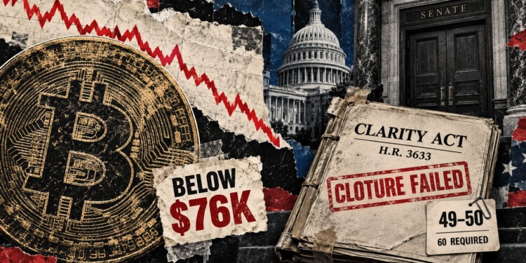 Bitcoin cae bajo 76.000 dólares tras el revés del Senado al CLARITY Act