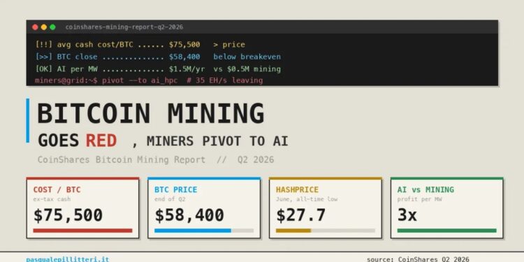 Minar Bitcoin cuesta 75.500 dólares, frente a un precio de 58.400
