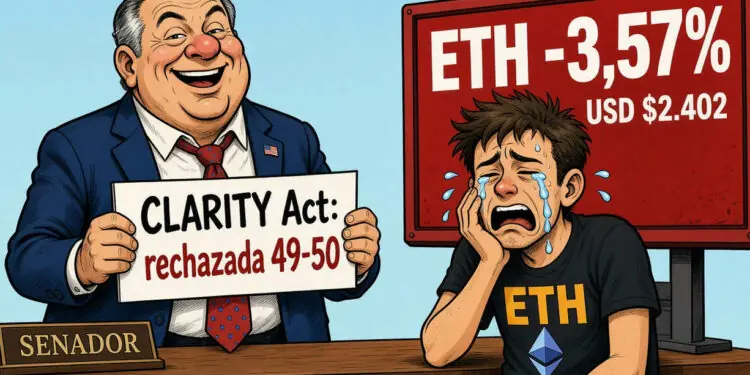 Ethereum (ETH) cae un 3,57% tras el rechazo de la CLARITY Act 1 Ethereum (ETH) cae un 3,57% tras el rechazo de la CLARITY Act