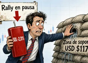 Solana cae 2,31% y defiende los USD 117 tras rally del 55%