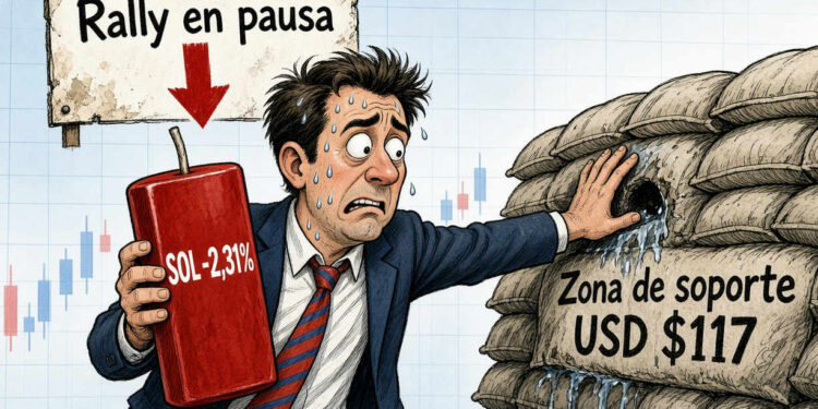 Solana cae 2,31% y defiende los USD 117 tras rally del 55%